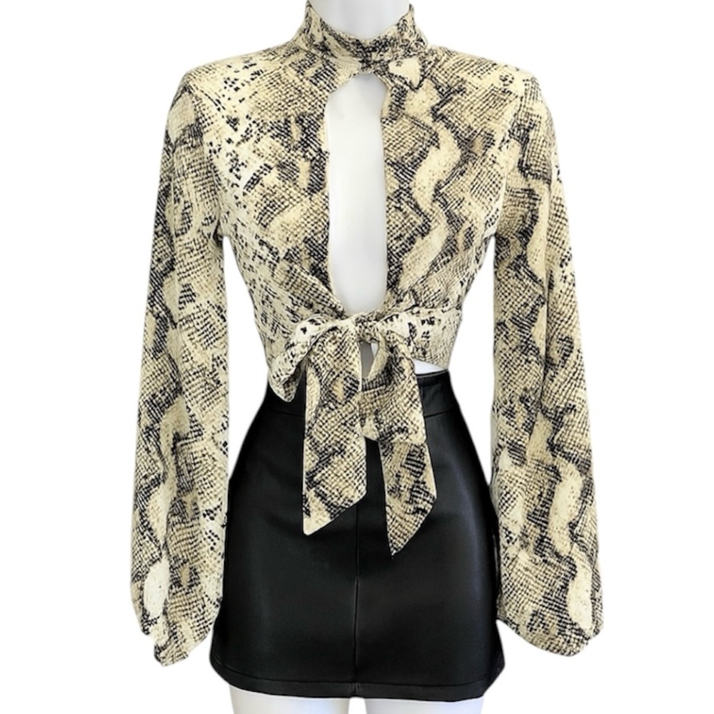 Windsor Snakeskin Keyhole Tie Front Crop Top XS Y2K Balloon Sleeve Indie Sleaze - Picture 2 of 9